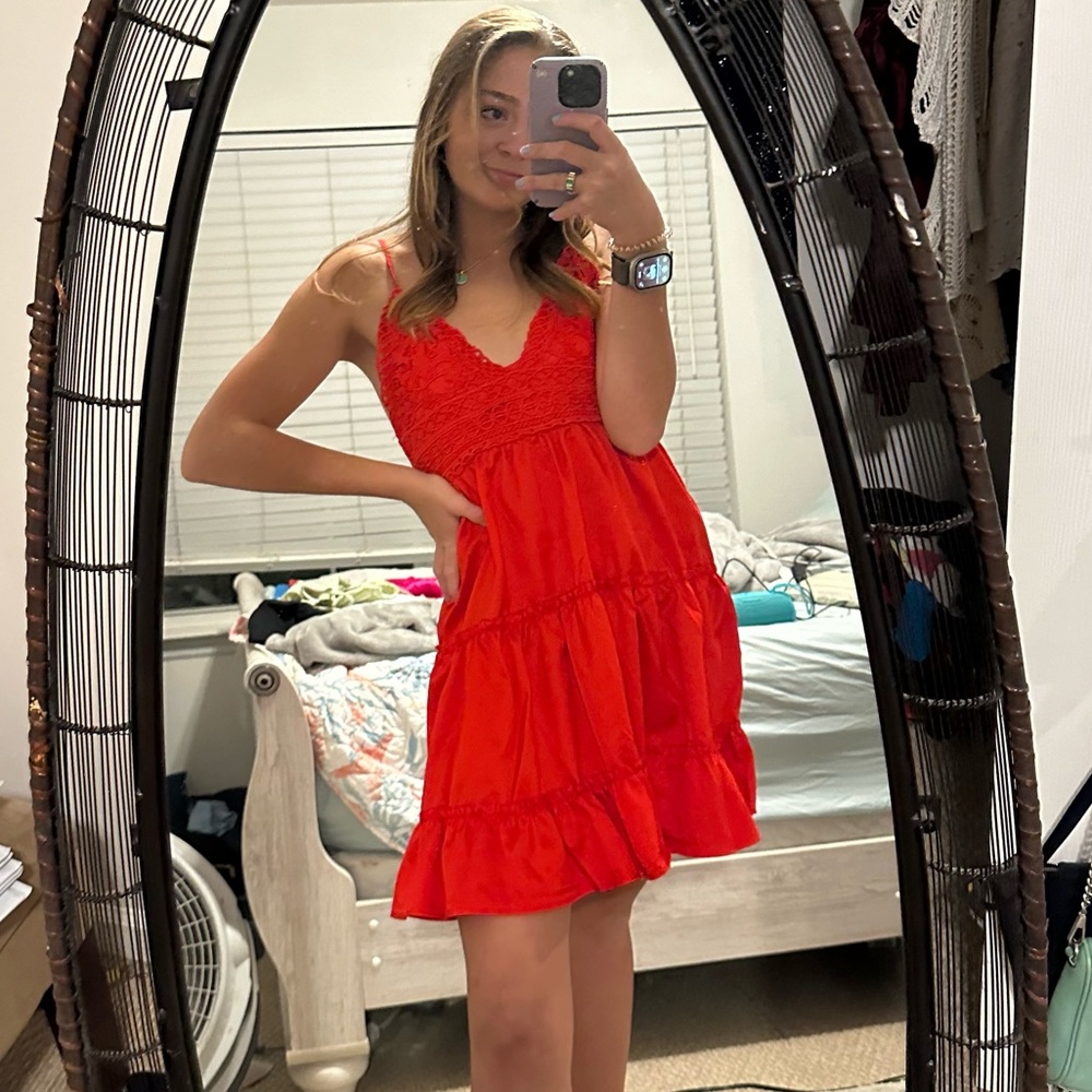 Red Spaghetti Strap Ruffle Flowy Mini Sundress (S)